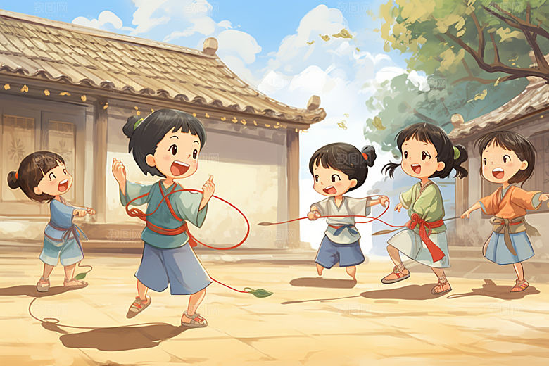 儿童跳绳运动活力插画