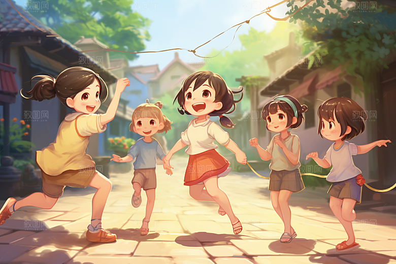 儿童跳绳手绘活力插画