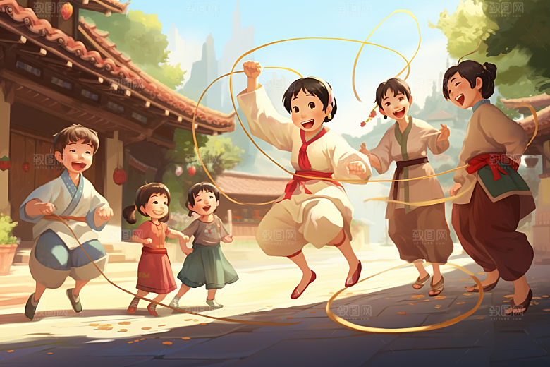 儿童跳绳青春人物插画