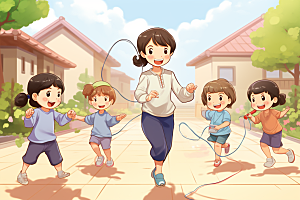儿童跳绳健康手绘插画