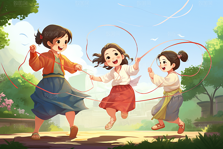 儿童跳绳运动青春插画