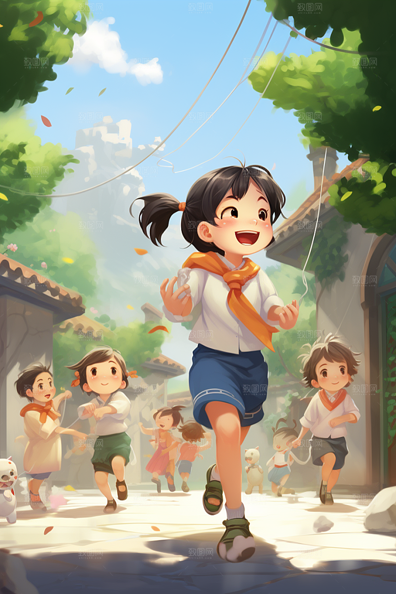 儿童跳绳手绘健康插画