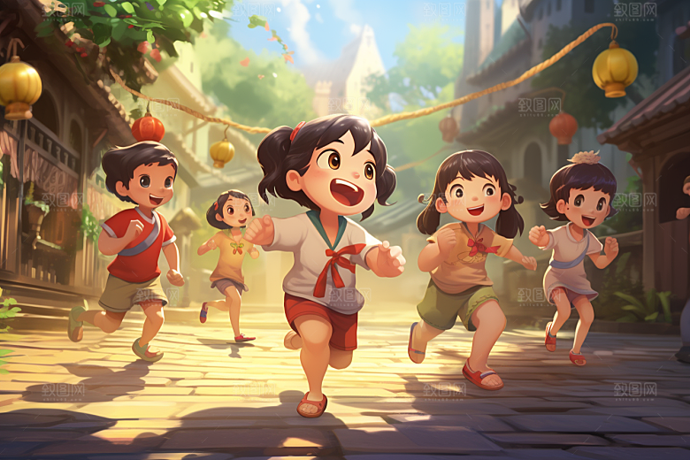 儿童跳绳活力手绘插画