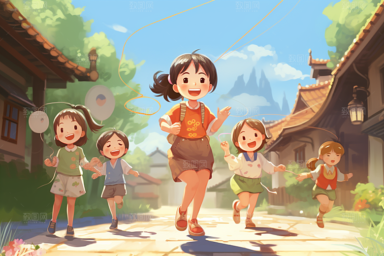 儿童跳绳青春形象插画