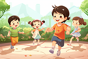 儿童跳绳人物健康插画