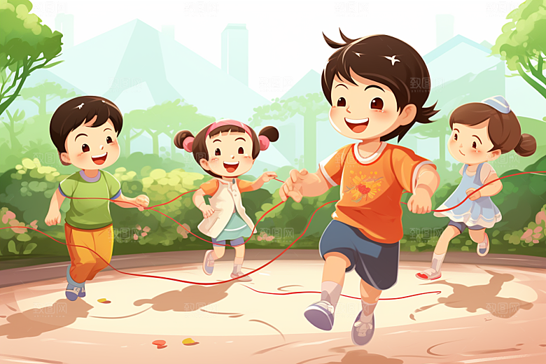 儿童跳绳人物健康插画