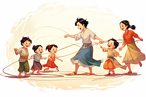 儿童跳绳手绘健康插画