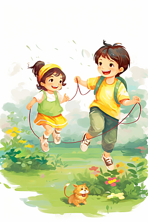 儿童跳绳运动体育插画