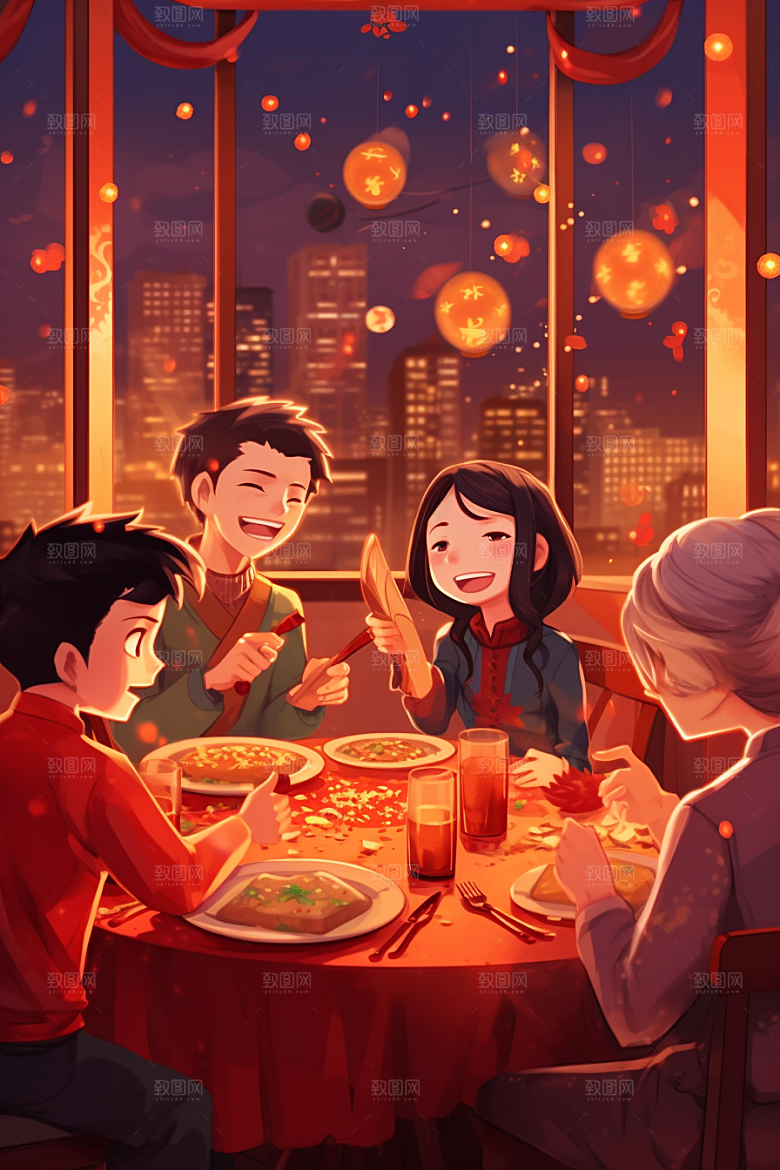 年夜饭温馨春节插画
