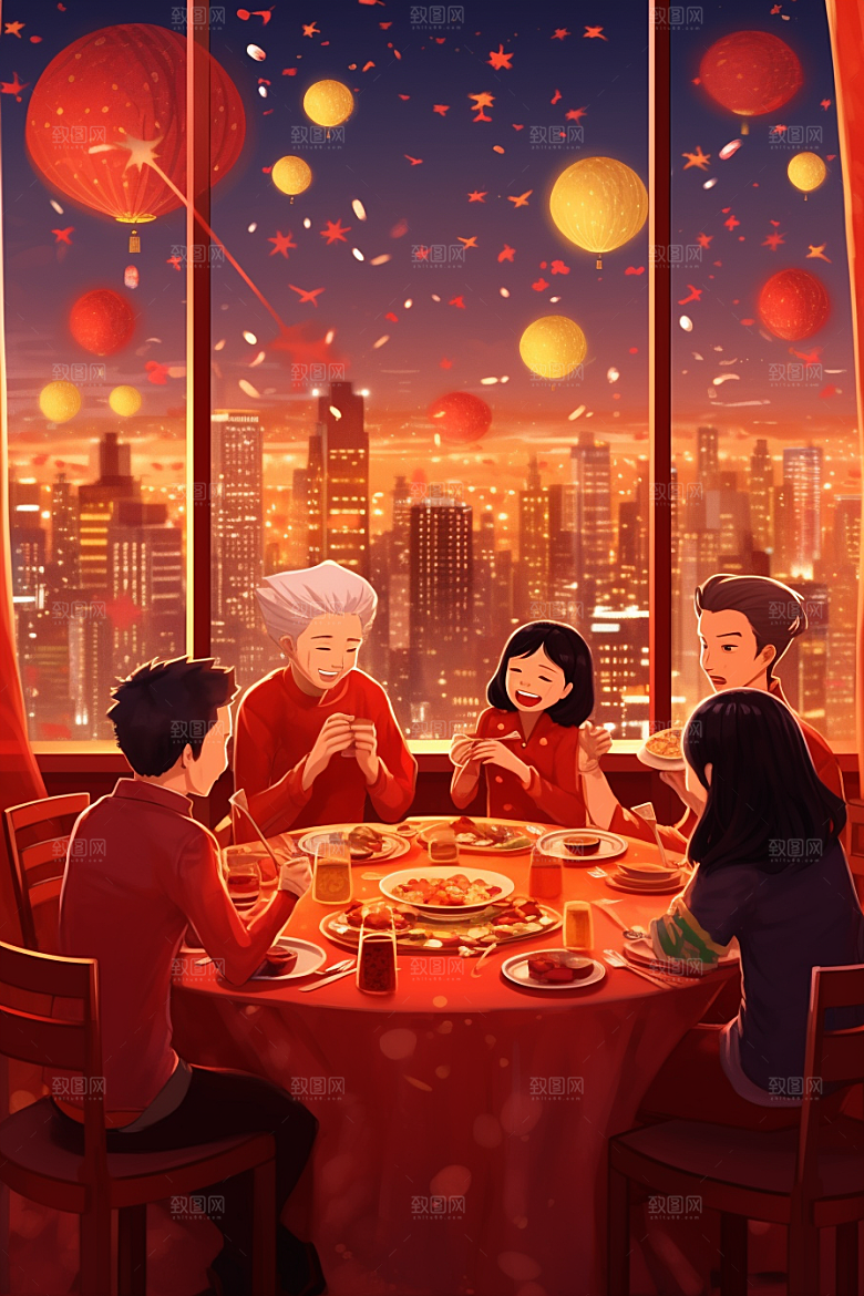 年夜饭大年三十快乐插画