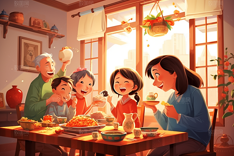 年夜饭大年三十喜庆插画