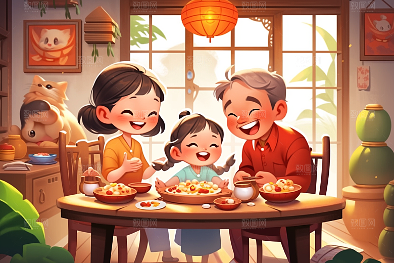 年夜饭大年三十亲情插画