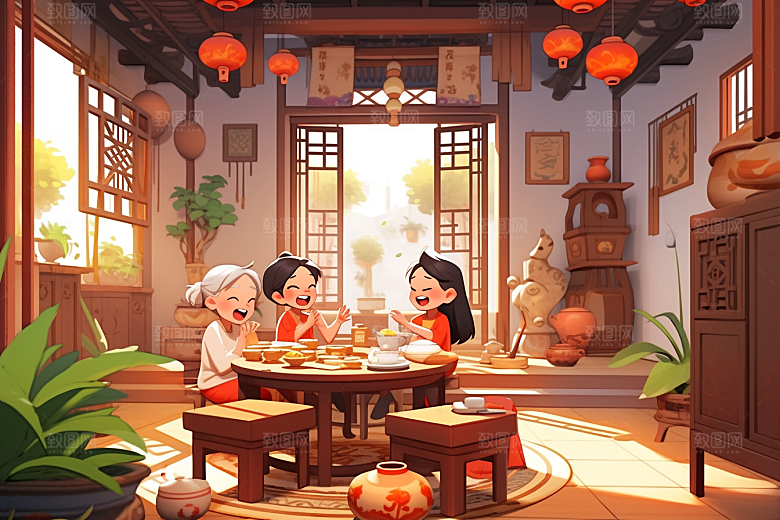 年夜饭手绘春节插画