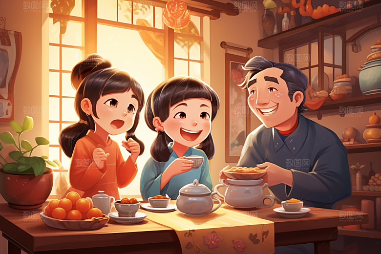 年夜饭团圆饭快乐插画