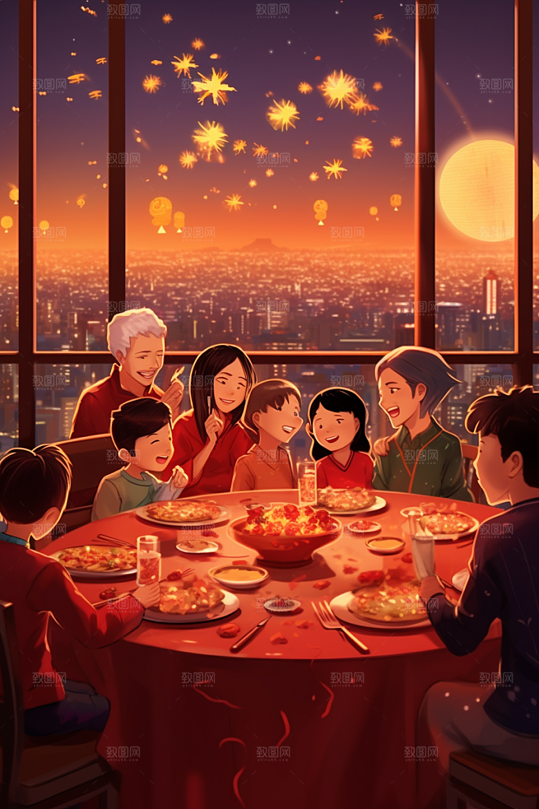 年夜饭团圆饭亲情插画
