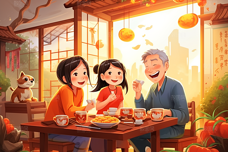 年夜饭手绘高清插画