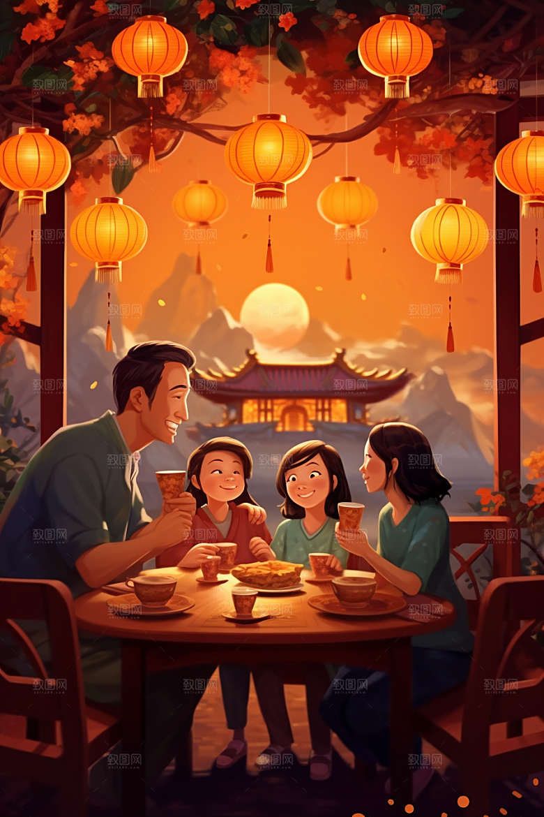 年夜饭新年亲情插画