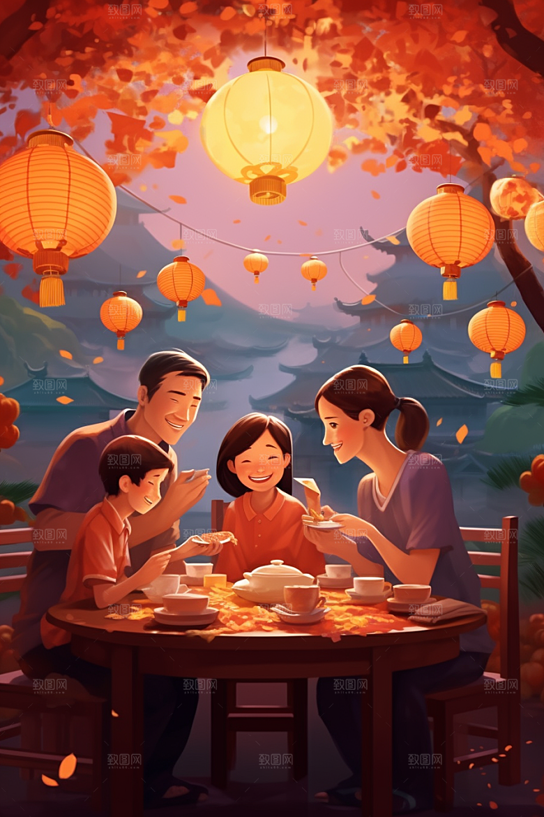 年夜饭春节团圆饭插画