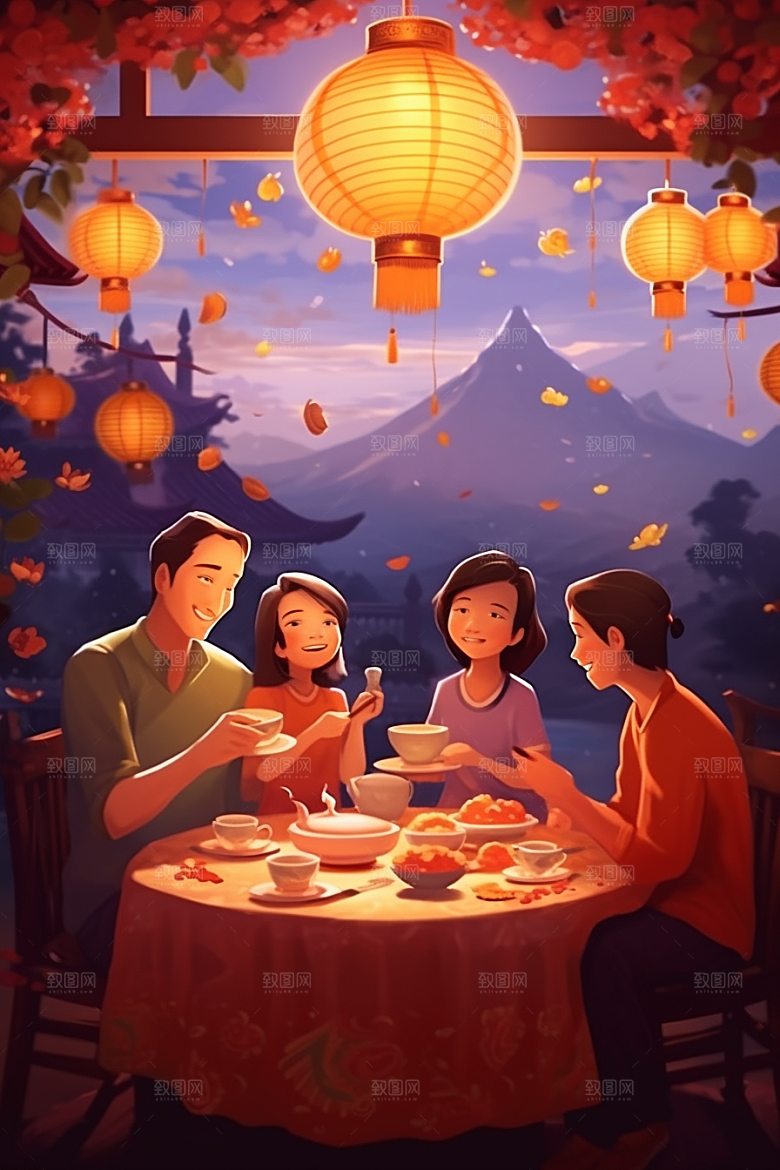 年夜饭大年三十手绘插画