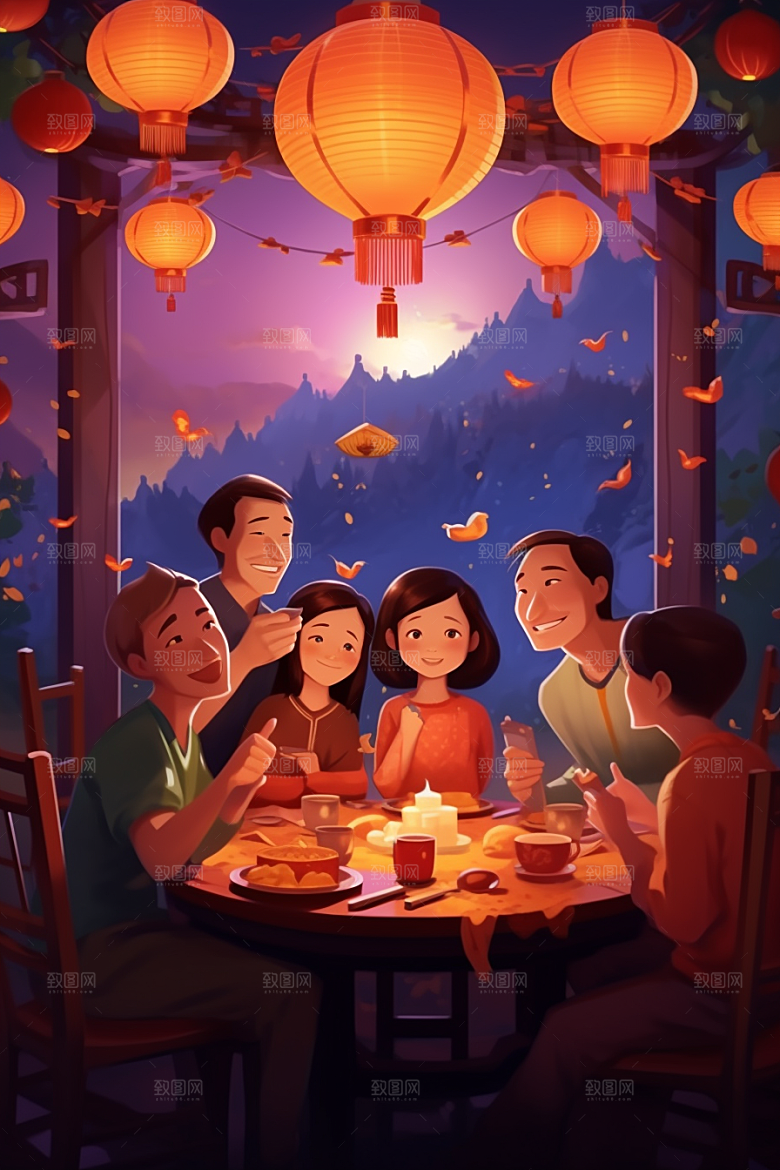 年夜饭快乐新年插画