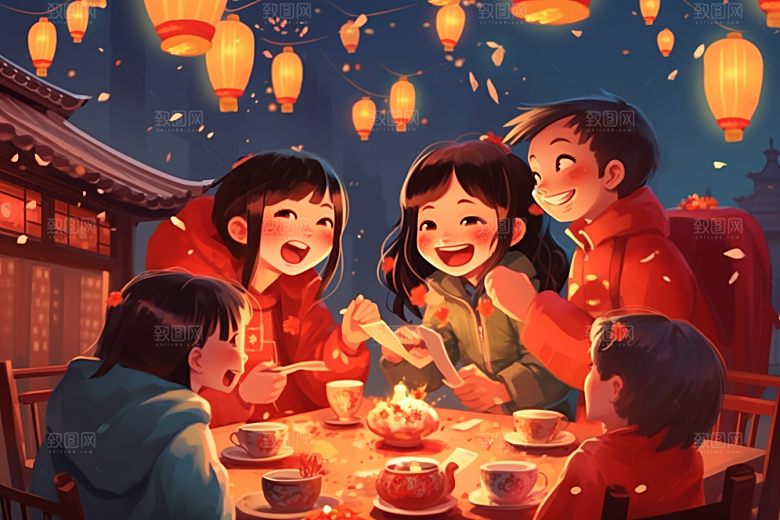 年夜饭春节喜庆插画
