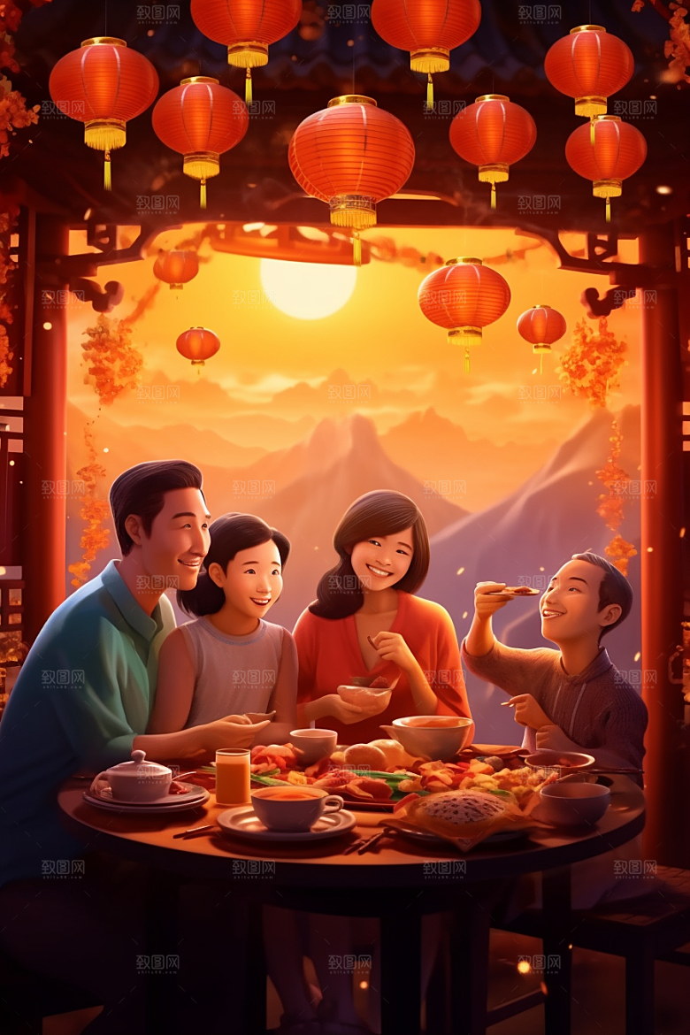 年夜饭亲情手绘插画