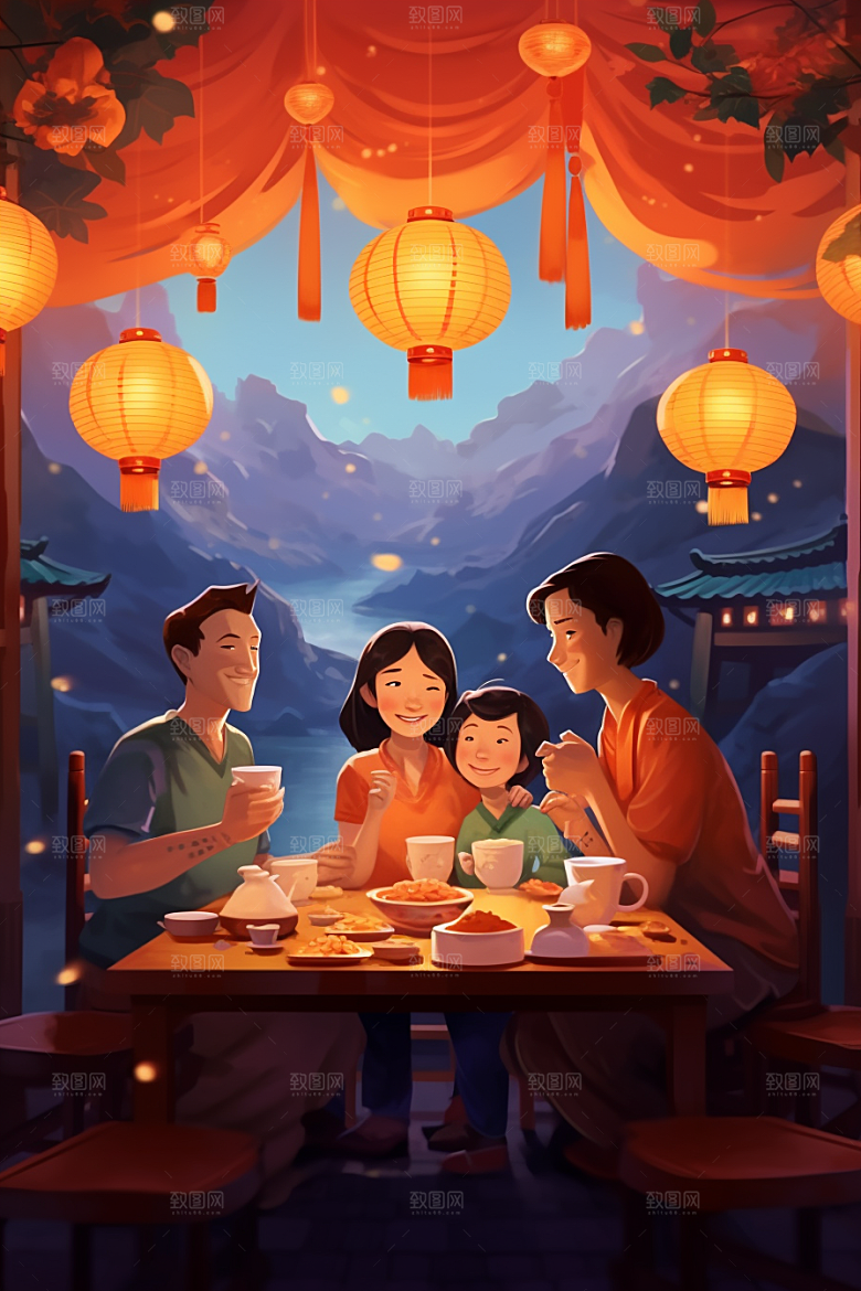 年夜饭阖家幸福喜庆插画
