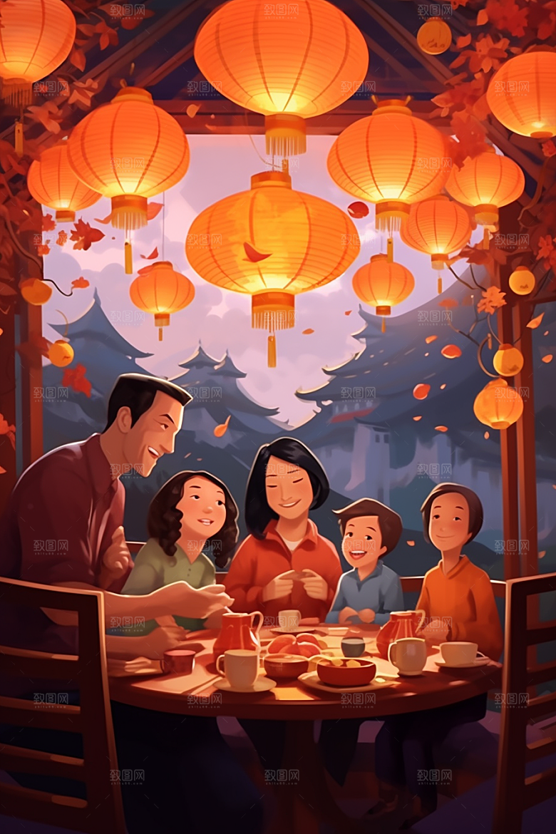 年夜饭阖家幸福新年插画