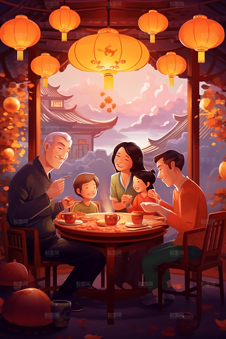 年夜饭高清快乐插画