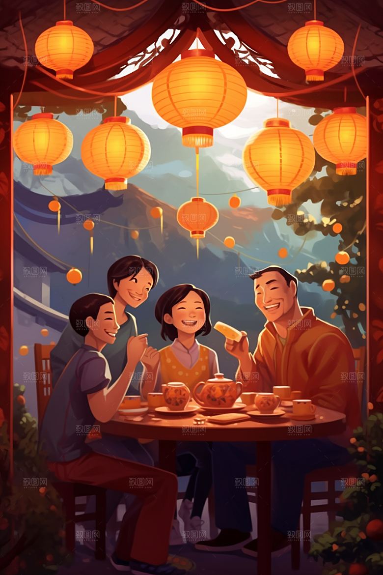 年夜饭温馨开心插画
