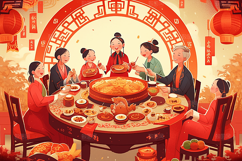 年夜饭手绘喜庆插画