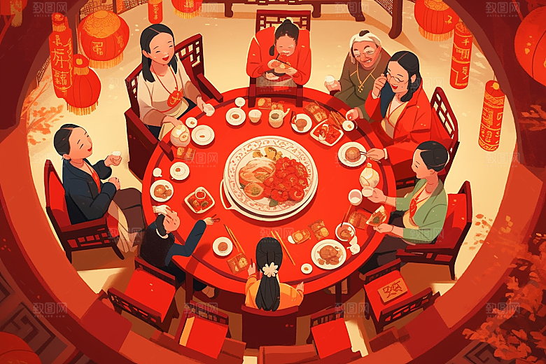 年夜饭新年阖家幸福插画