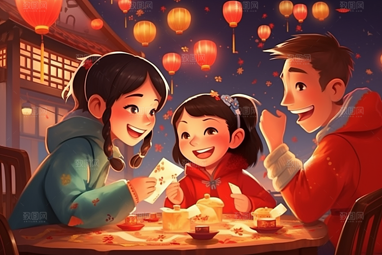 年夜饭高清亲情插画