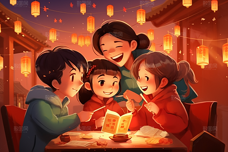 年夜饭大年三十新年插画
