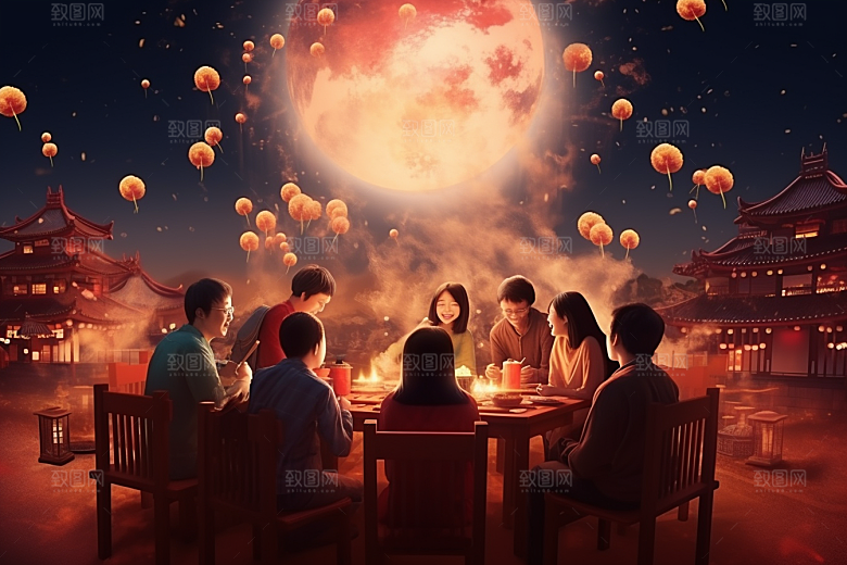 年夜饭开心亲情插画