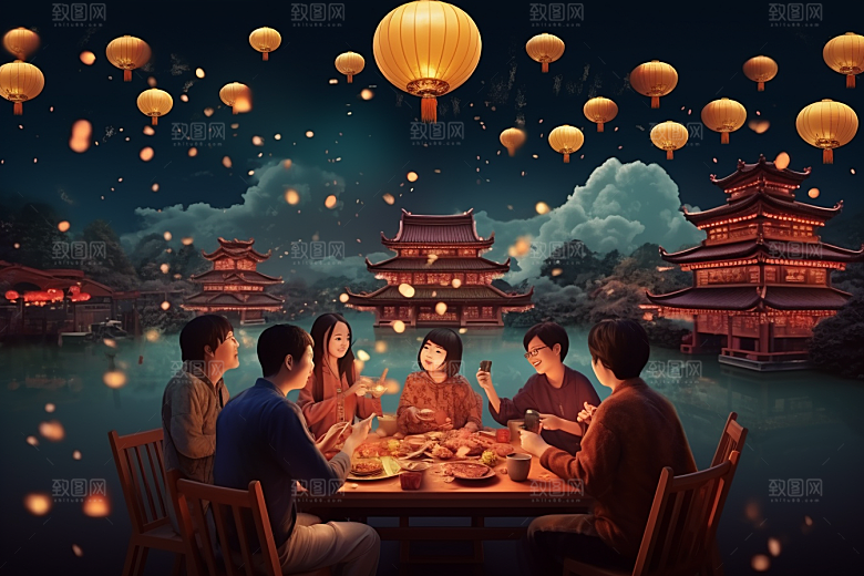 年夜饭高清快乐插画