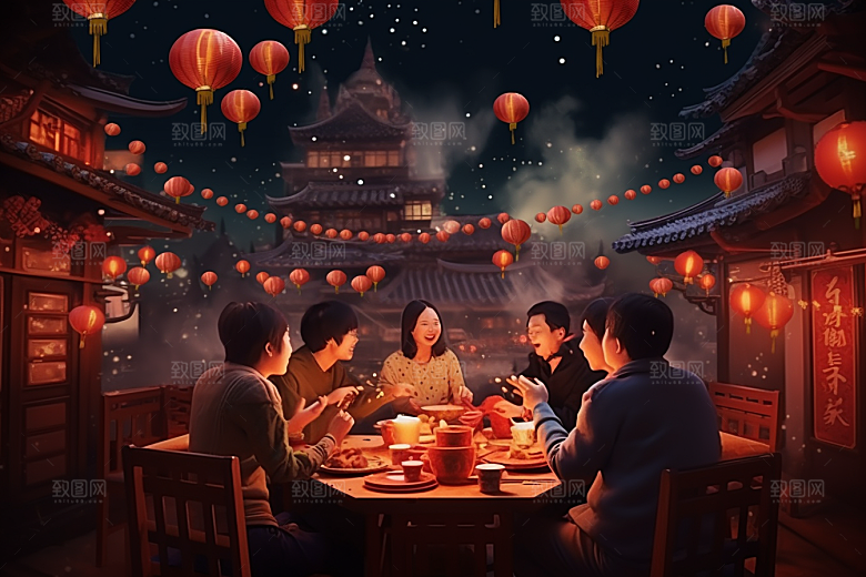年夜饭快乐团圆饭插画