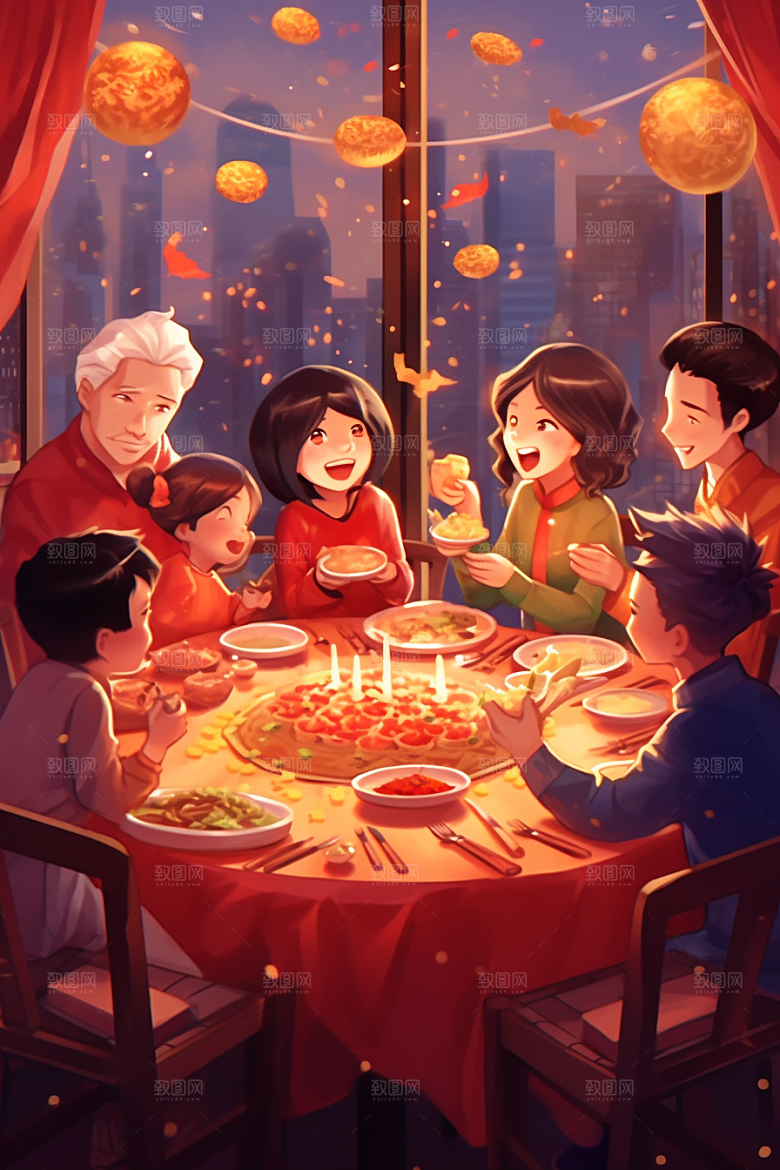 年夜饭高清春节插画