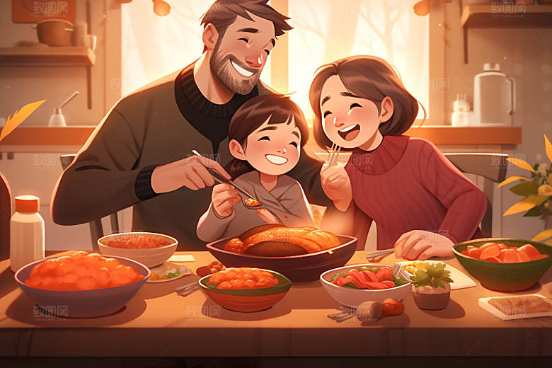 年夜饭手绘快乐插画