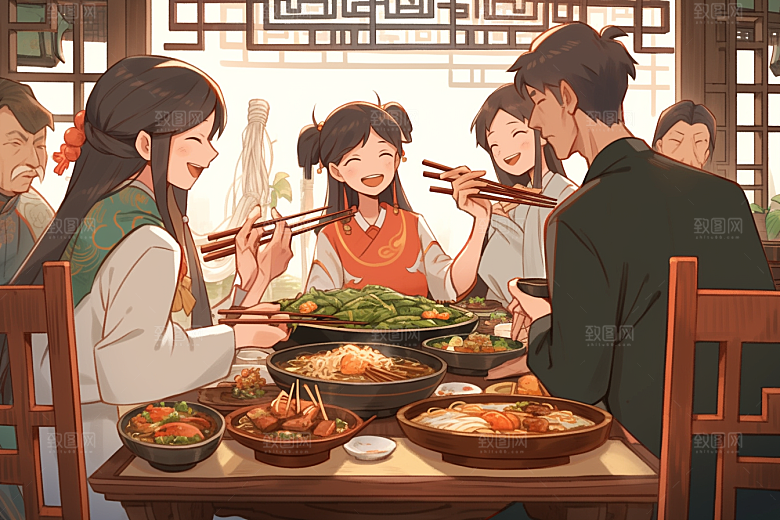 年夜饭亲情快乐插画