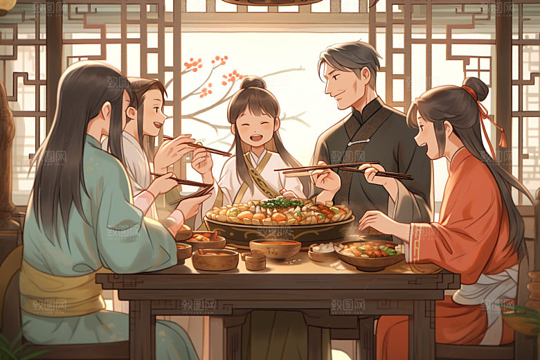 年夜饭阖家幸福亲情插画