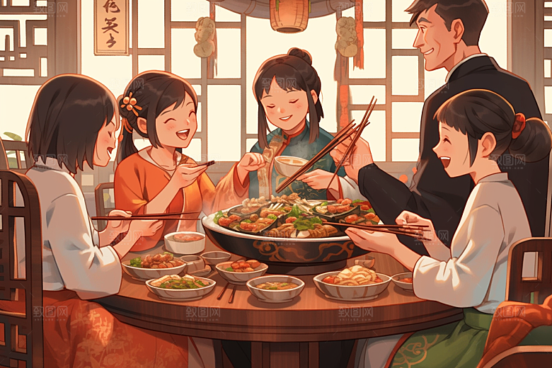 年夜饭开心喜庆插画