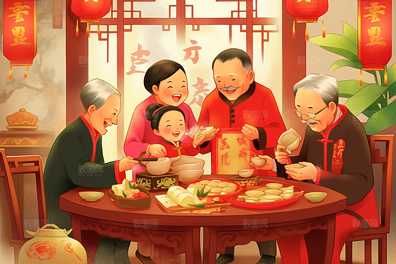 年夜饭春节新年插画