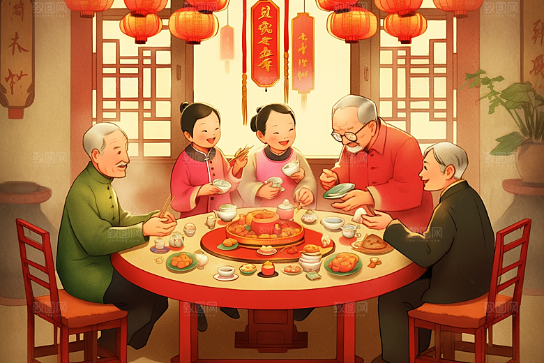 年夜饭喜庆开心插画
