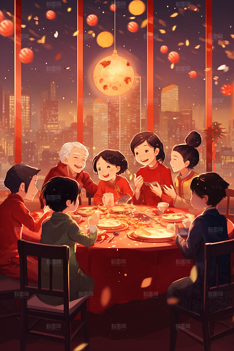 年夜饭温馨快乐插画