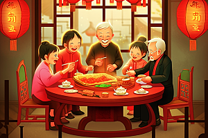 年夜饭团圆饭阖家幸福插画