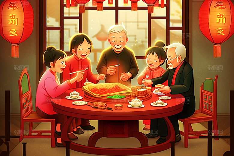 年夜饭团圆饭阖家幸福插画