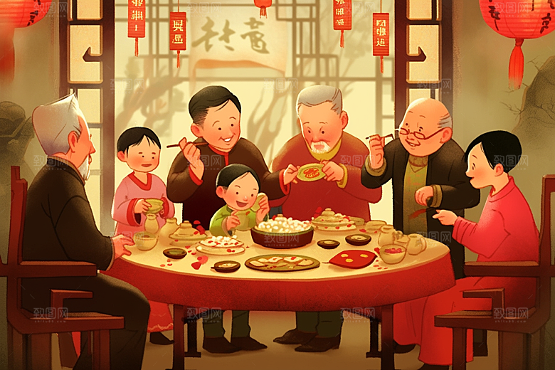 年夜饭手绘亲情插画