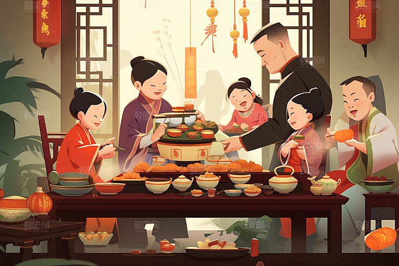 年夜饭新年春节插画
