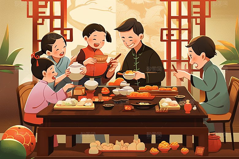 年夜饭喜庆阖家幸福插画
